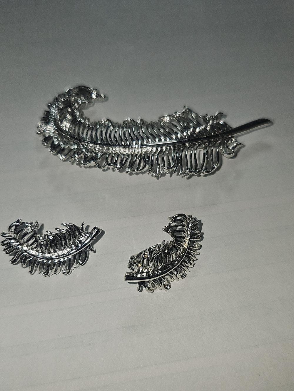 Coro Silver Feather Brooch and Clip-On Earring Set